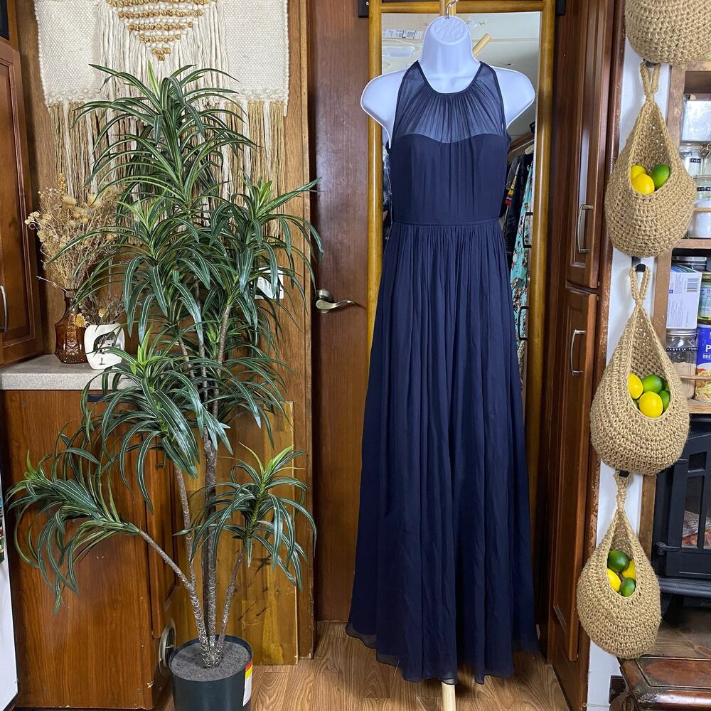 J.Crew Navy Silk Chiffon Maxi Dress Petite 00 High Neck Evening Wedding Guest